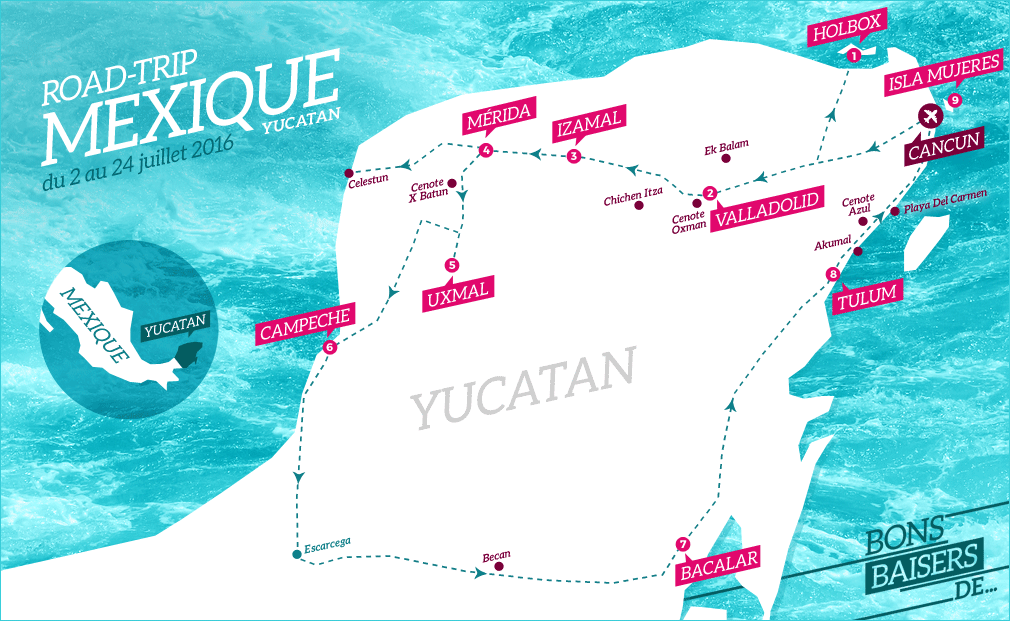 carte itinéraire mexique yucatan