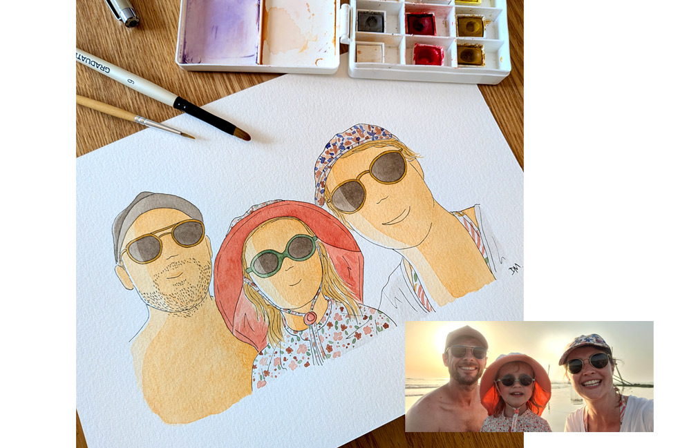 Souvenir de vacances en aquarelle : portrait de famille